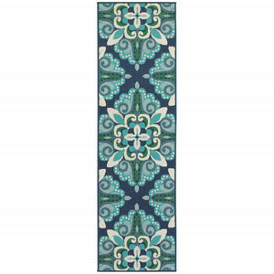 2’x8’ Blue and Green Floral Indoor Outdoor Runner Rug