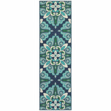 Blue and Green Floral Indoor Outdoor Runner Rug