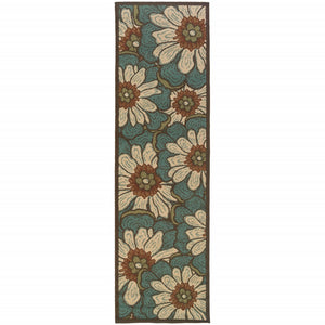 2’x8’ Blue and Brown Floral Indoor Outdoor Runner Rug