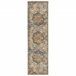 2’x8’ Ivory Distressed Medallion Runner Rug