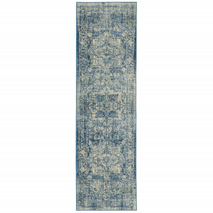 2’x8’ Ivory and Blue Oriental Runner Rug