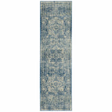 Ivory and Blue Oriental Runner Rug