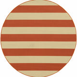 8’ Round Orange and Ivory Striped Indoor Outdoor Area Rug