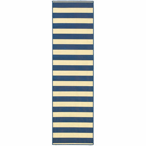 2’x8’ Blue and Ivory Striped Indoor Outdoor Runner Rug