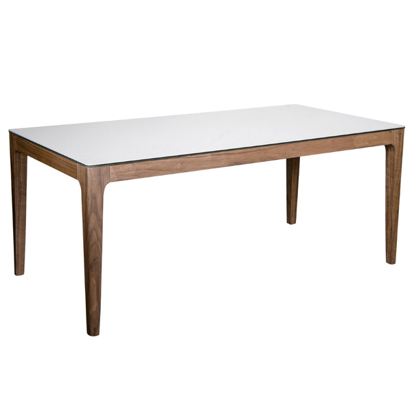 Haldis 71" Dining Table in White Ceramic Glass and Walnut