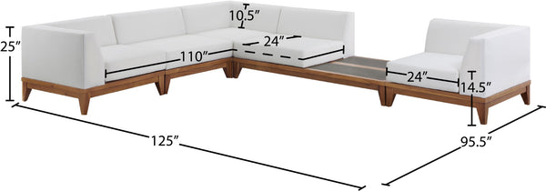 Rio Acacia Wood / Waterproof Fabric / Concrete / Quick Dry Foam Contemporary Off White Waterproof Fabric Outdoor Patio Modular Sectional - 125" W x 95.5" D x 25" H