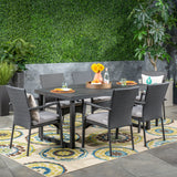 Garner Outdoor 6-Seater Acacia Wood Dining Set with Wicker Chairs, Sandblast Dark Gray Finish and Gray Noble House