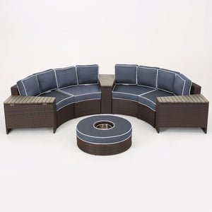 Madras Tortuga Outdoor Wicker Navy Blue  8 pc 1/2 Round Seating Set w/ Ice Bucket Ottoman Noble House