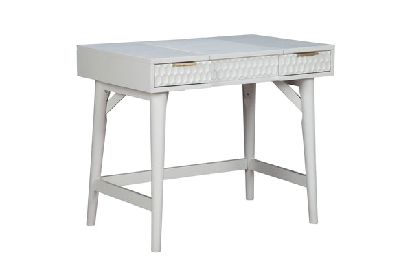 White Pearl Bedroom Vanity - Contemporary Mahogany Design with Textured Drawers & Hidden Mirror Storage