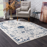 2’ x 6’ Navy Blue Distressed Floral Area Rug