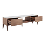 Haldis 71" Media Stand in White Ceramic Glass and Walnut