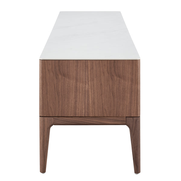 Haldis 71" Media Stand in White Ceramic Glass and Walnut