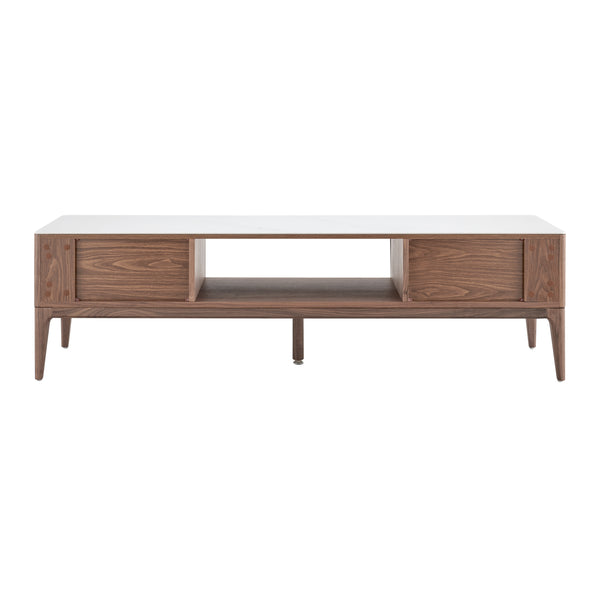 Haldis 71" Media Stand in White Ceramic Glass and Walnut