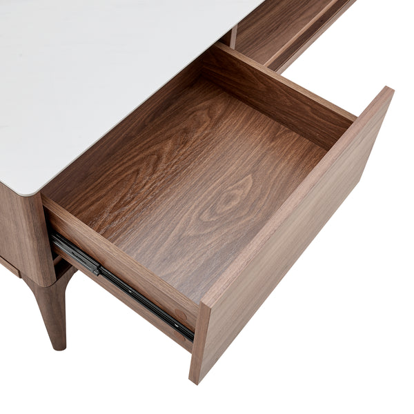 Haldis 71" Media Stand in White Ceramic Glass and Walnut