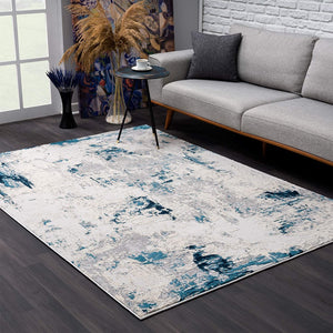 3’ x 5’ Blue and Ivory Abstract Strokes Area Rug