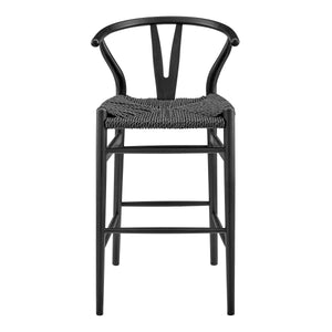 Evelina Outdoor Bar Stool in Heat Treated Ash Frame in Matte Black Color and Black Rattan Seat