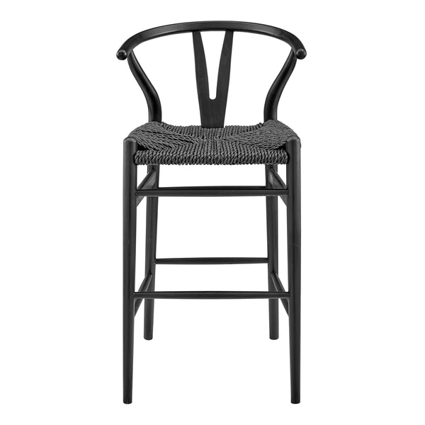Evelina Outdoor Bar Stool in Heat Treated Ash Frame in Matte Black Color and Black Rattan Seat