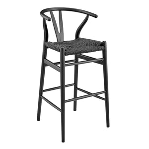 Evelina Outdoor Bar Stool in Heat Treated Ash Frame in Matte Black Color and Black Rattan Seat