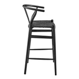 Evelina Outdoor Bar Stool in Heat Treated Ash Frame in Matte Black Color and Black Rattan Seat