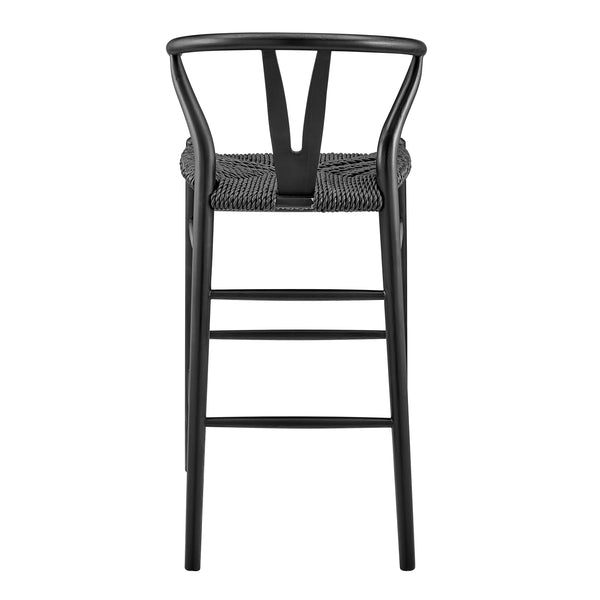 Evelina Outdoor Bar Stool in Heat Treated Ash Frame in Matte Black Color and Black Rattan Seat