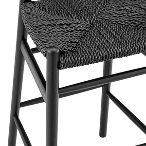 Evelina Outdoor Bar Stool in Heat Treated Ash Frame in Matte Black Color and Black Rattan Seat