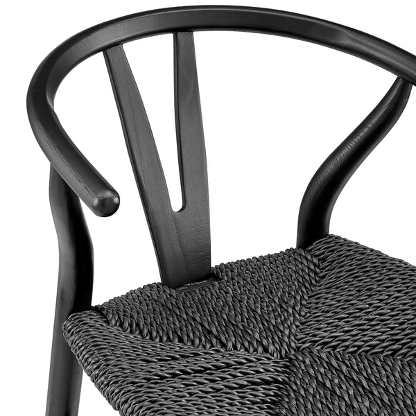 Evelina Outdoor Bar Stool in Heat Treated Ash Frame in Matte Black Color and Black Rattan Seat