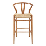 Evelina Outdoor Bar Stool in Heat Treated Ash Frame in Golden Ash Color and Natural Rattan Seat