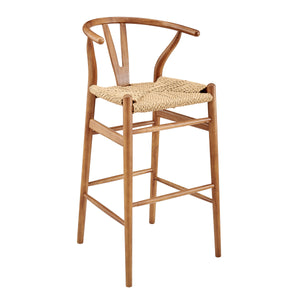 Evelina Outdoor Bar Stool in Heat Treated Ash Frame in Golden Ash Color and Natural Rattan Seat