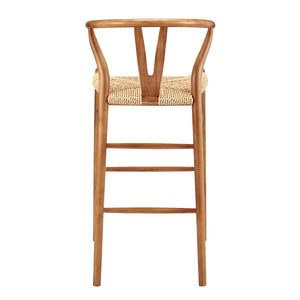 Evelina Outdoor Bar Stool in Heat Treated Ash Frame in Golden Ash Color and Natural Rattan Seat