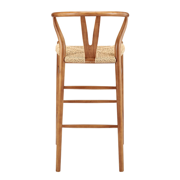 Evelina Outdoor Bar Stool in Heat Treated Ash Frame in Golden Ash Color and Natural Rattan Seat