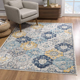 8’ x 11’ Blue Distressed Floral Area Rug