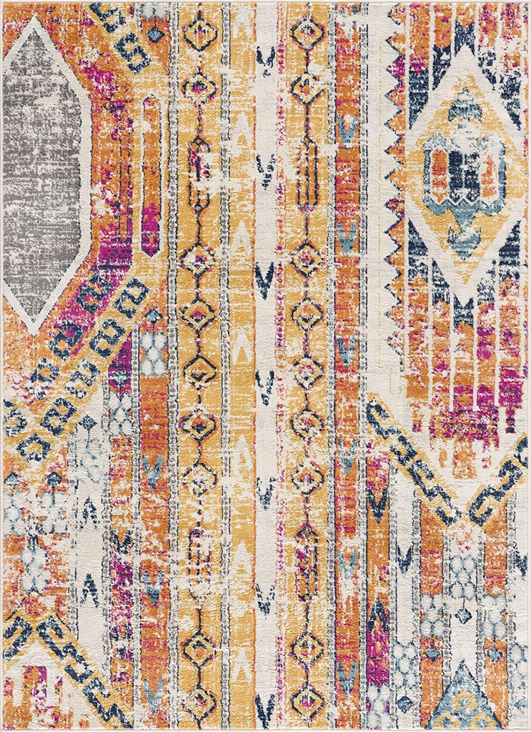 2’ x 4’ Gold and Ivory Distressed Tribal Area Rug