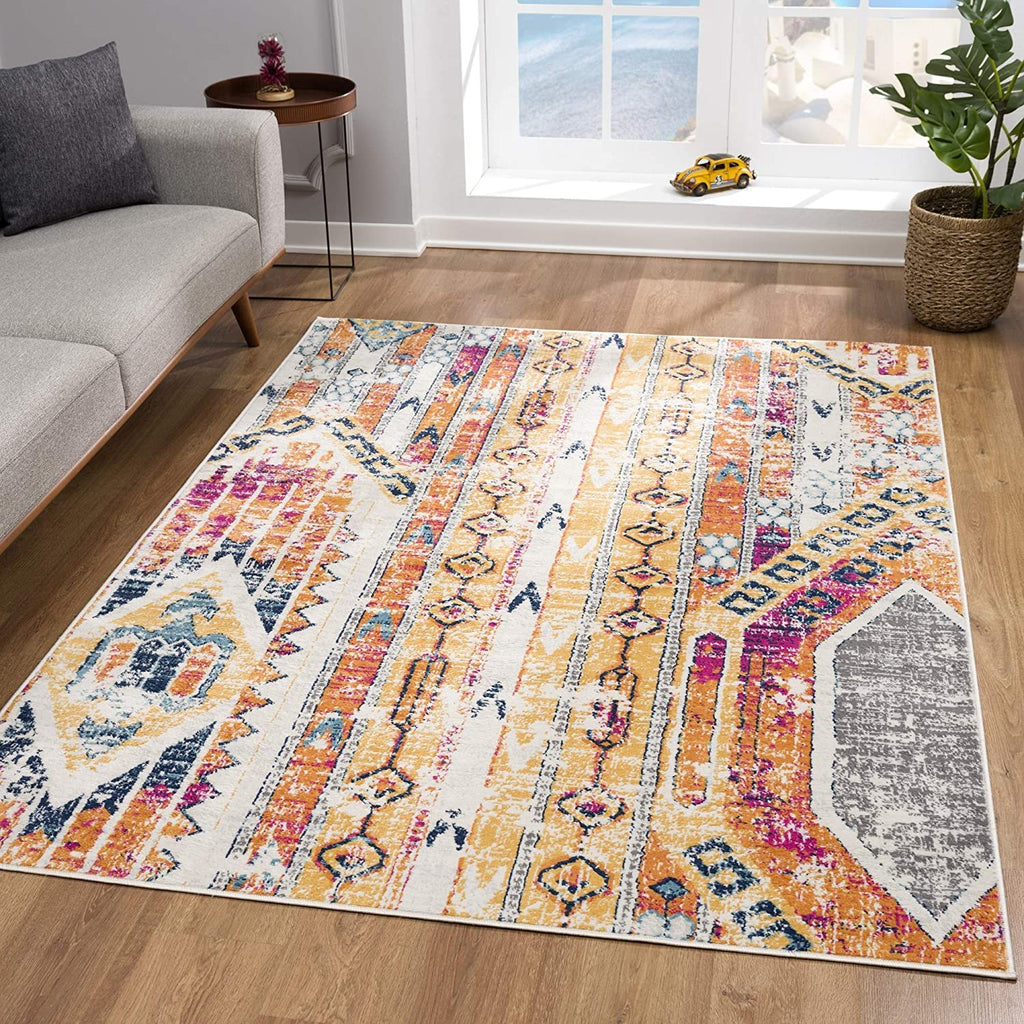 2’ x 5’ Gold and Ivory Distressed Tribal Area Rug