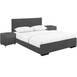 Grey Upholstered Platform King Bed with Two Nightstands