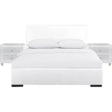 White Upholstered Platform Queen Bed with Two Nightstands