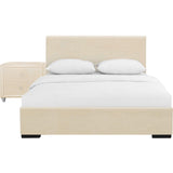 Beige Upholstered Full Platform Bed with Nightstand