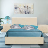 Beige Upholstered Platform Queen Bed with Two Nightstands