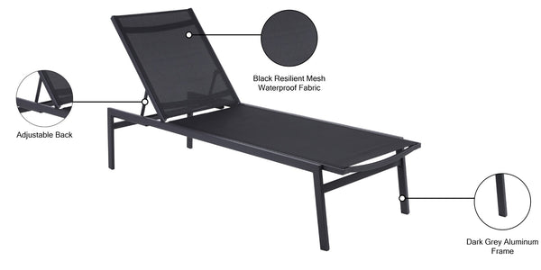 Santorini Waterproof Mesh Fabric / Aluminum Contemporary Black Resilient Mesh Waterproof Fabric Outdoor Patio Aluminum Mesh Chaise Lounge Chair - 24.5" W x 80" D x 15" H