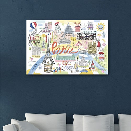 36" Fun Illustrated Paris Map Canvas Wall Art