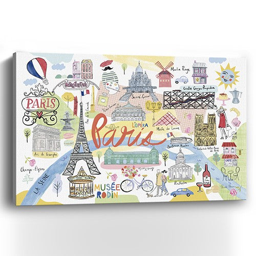 36" Fun Illustrated Paris Map Canvas Wall Art