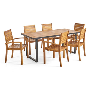 Alderson Outdoor 6-Seater Rectangular Acacia Wood Dining Set, Teak and Black Noble House
