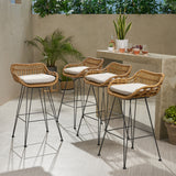 Dale Outdoor Wicker Barstools with Cushions, Light Brown and Beige Noble House