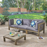 Brava Outdoor Modular Acacia Wood Sofa and Coffee Table Set with Cushions, Gray and Dark Gray Noble House