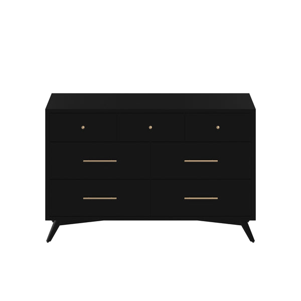 Alpine Furniture Flynn Mid Century Modern 7 Drawer Dresser, Black 966BLK-03 Black Mahogany Solids & Okoume Veneer 56 x 19 x 36.5