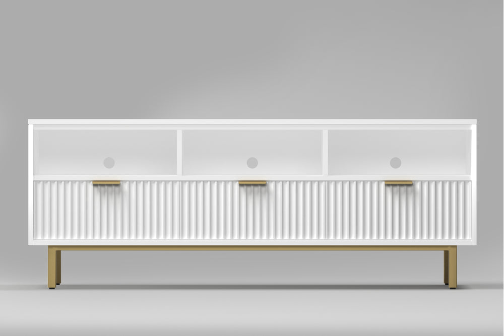 Casey TV Console - Elegant White Mahogany with Gold Accents, Fully Assembled, Stylish Storage Solution