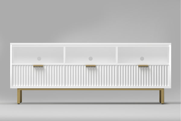 Casey TV Console - Elegant White Mahogany with Gold Accents, Fully Assembled, Stylish Storage Solution