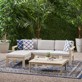 Santa Ana Outdoor 3 Seater Acacia Wood Sofa Sectional with Cushions, Light Gray and Light Gray Noble House