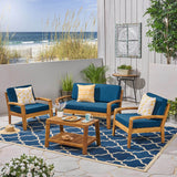 Grenada Patio Conversation Set with Coffee Table, 4-Seater, Acacia Wood, Teak Finish with Teal Outdoor Cushions Noble House