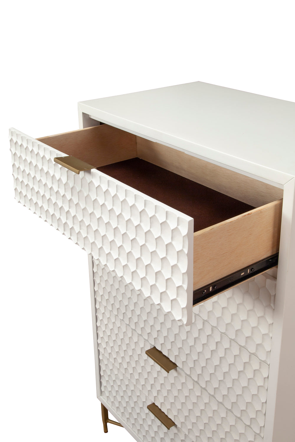 White Pearl 5 Drawer Chest - Modern Design with Textured Fronts, Gold Accents & Open Base Style