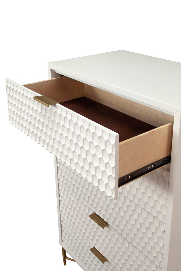 White Pearl 5 Drawer Chest - Modern Design with Textured Fronts, Gold Accents & Open Base Style